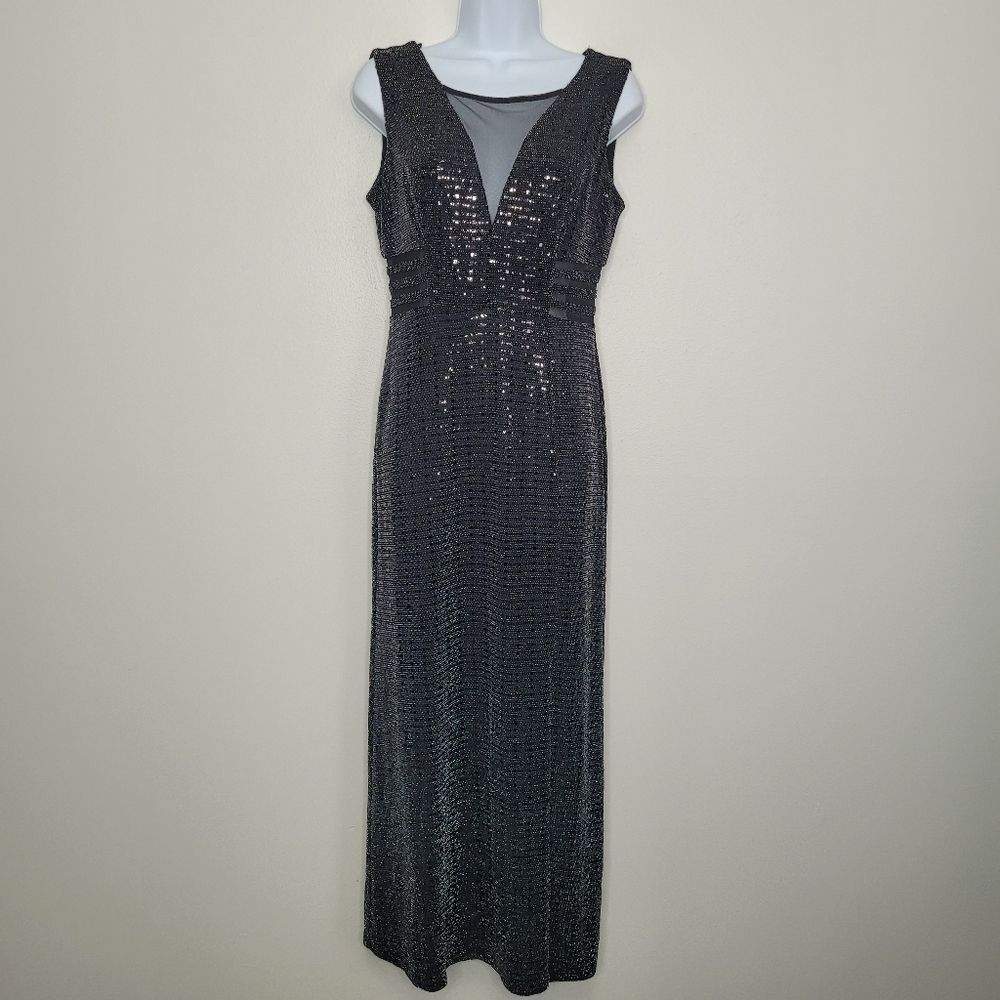 Black sparkly mesh cutout slit prom special occasion v neck dress size 6